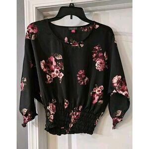 Vince Camuto Womens XXS Black Floral Dolman Sleeves Smocking Scoop Neck READ